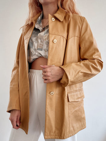 Veste en cuir mi-long camel M