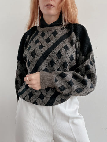 Pull vintage en laine noir et gris col montant M