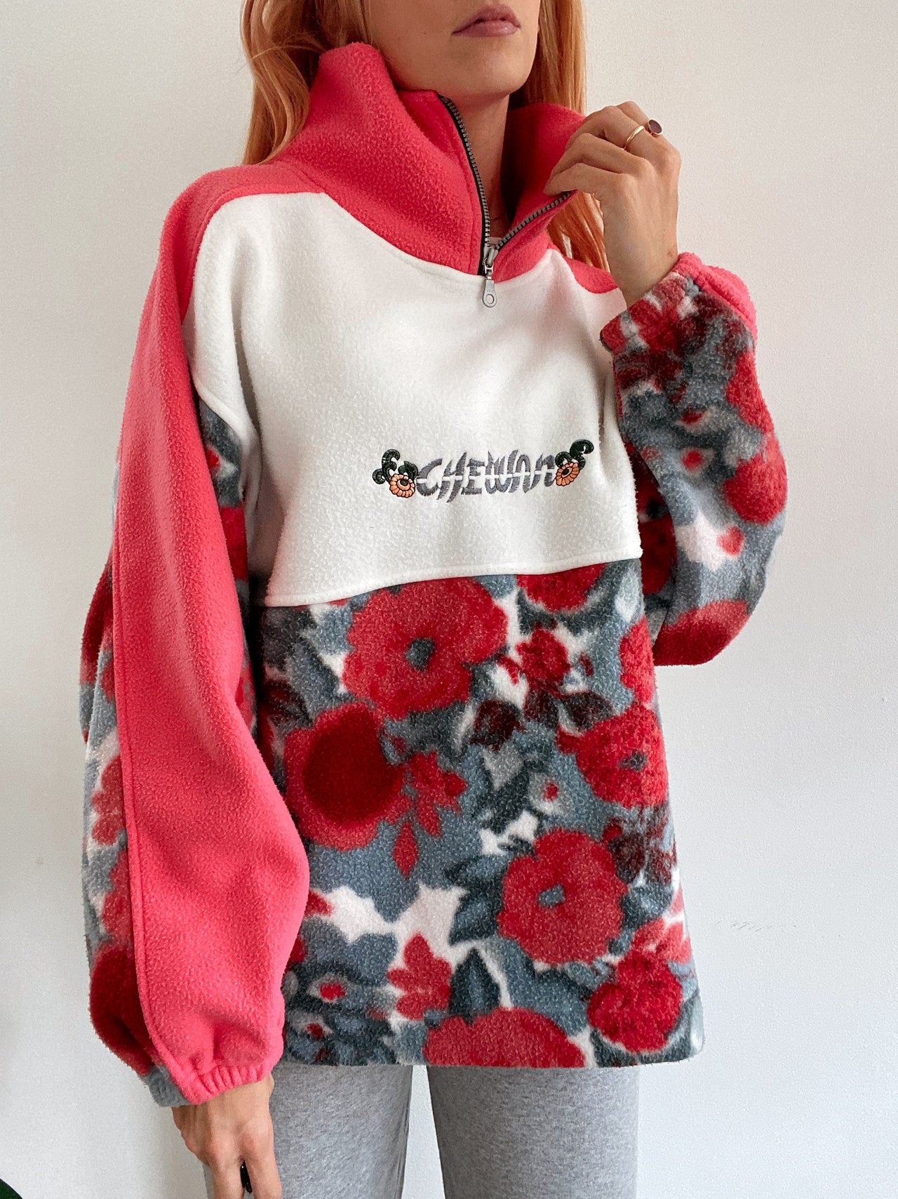 Vintage rosa floraler Fleecepullover L 