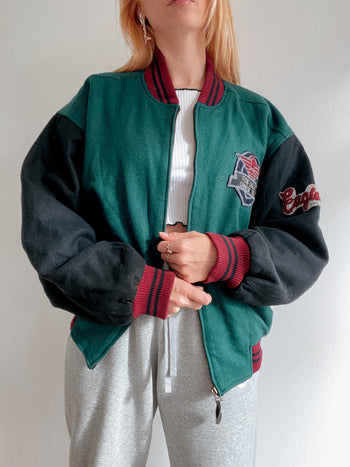 Bomber vintage en laine vert foncé et noir