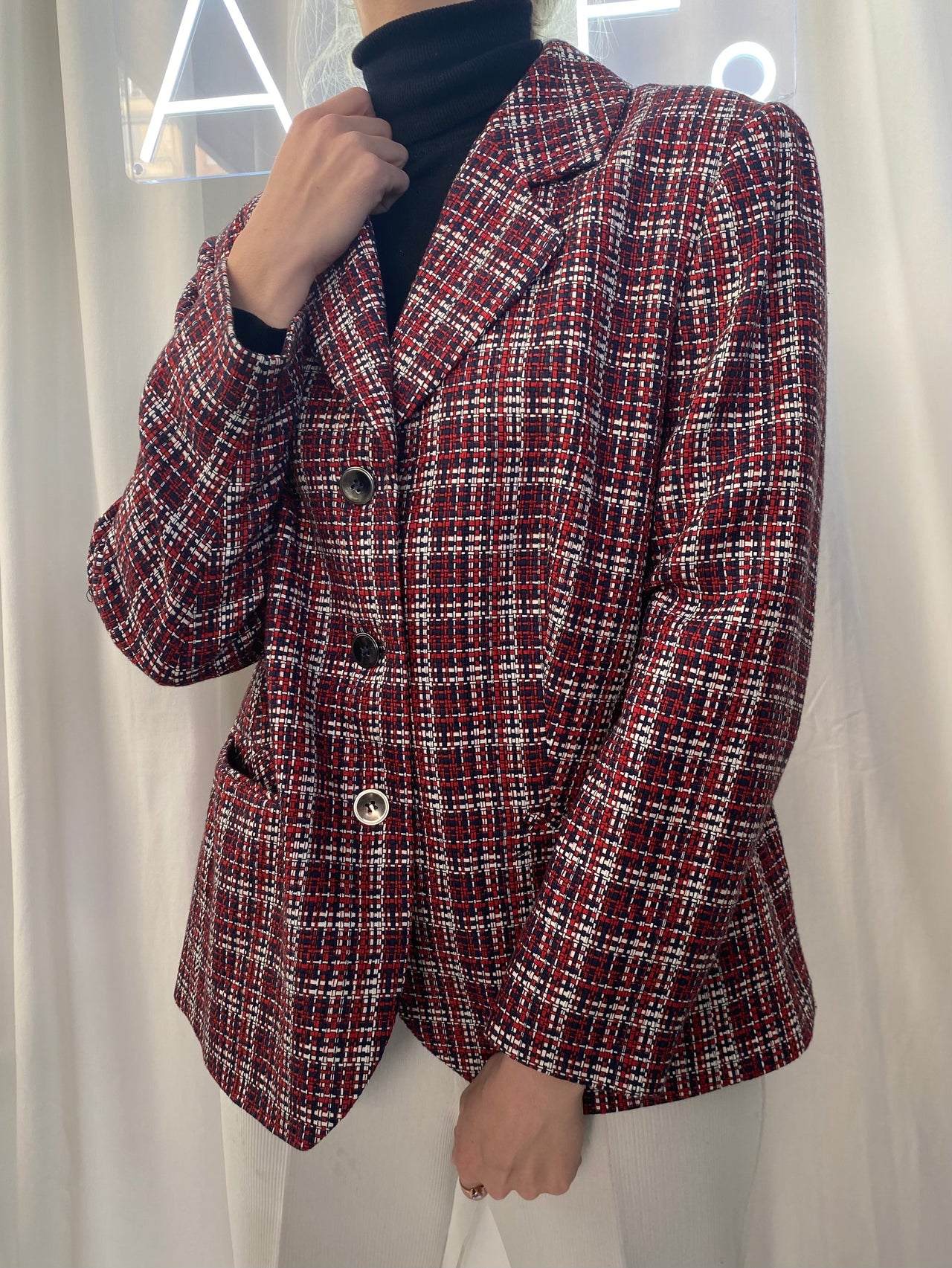 Oversized Black and White Checked Blazer Jacket M/L