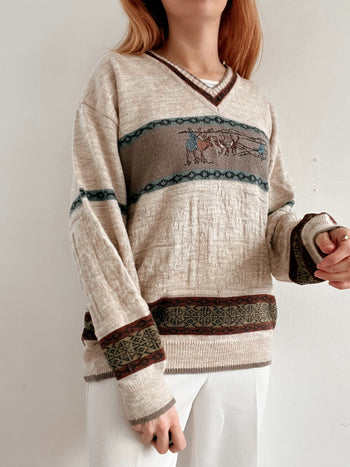 Pull vintage en laine beige à motifs M/L