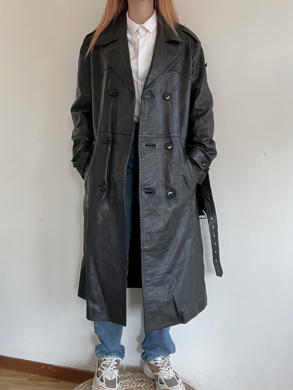 Vintage schwarzer Leder-Trenchcoat L
