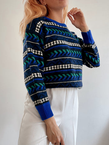 Pull vintage en laine bleu et noir   M