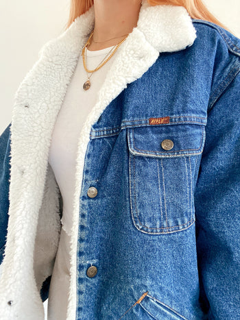 Veste en jeans vintage oversized intérieur mouton XL