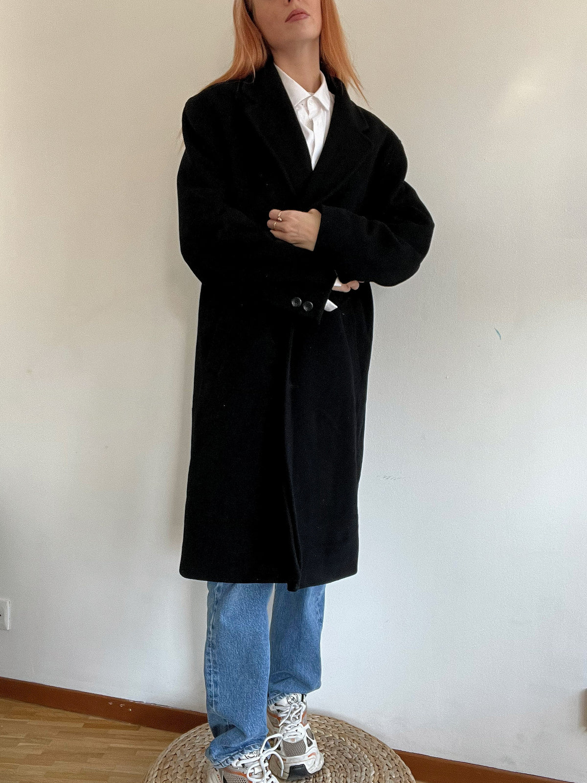 Schwarzer Vintage Wollmantel L