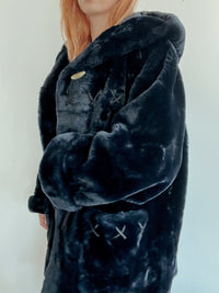 Vintage dunkelblauer Kunstpelzmantel mit Kapuze M/L