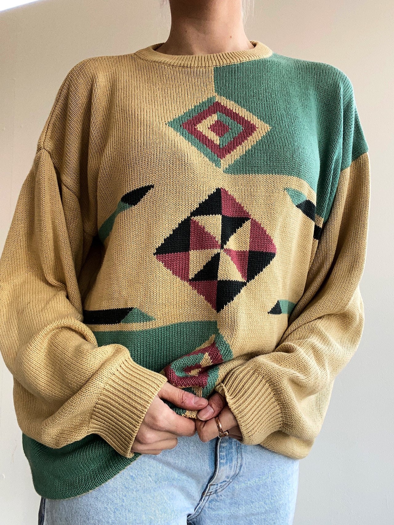 Pull vintage en maille jaune et vert