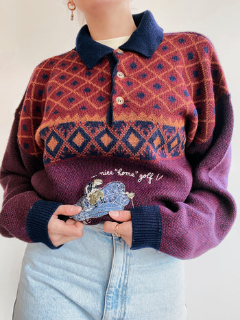 Weinroter Vintage-Wollpullover mit Stickerei auf der Vorderseite