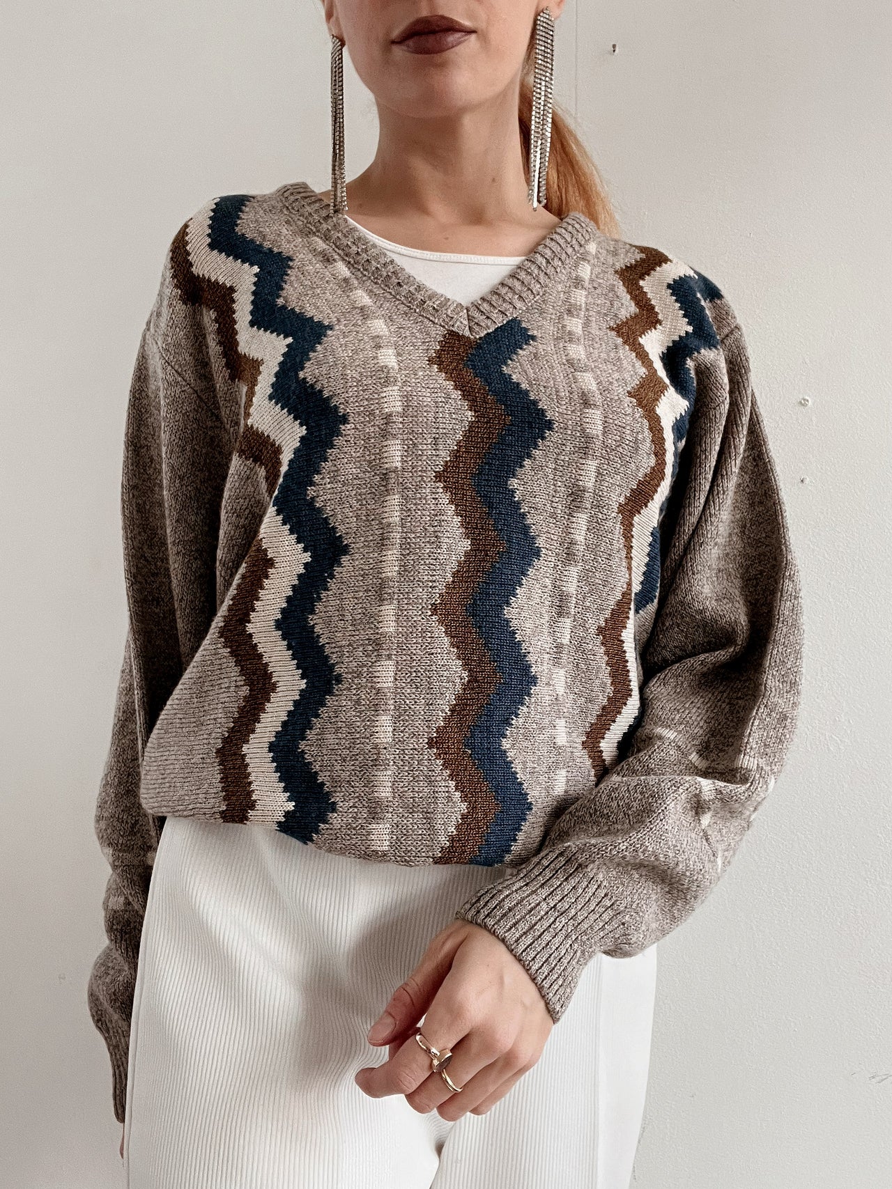 Pull vintage en laine beige à motifs  M