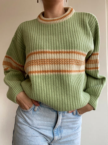 Pull vintage en maille vert et orange