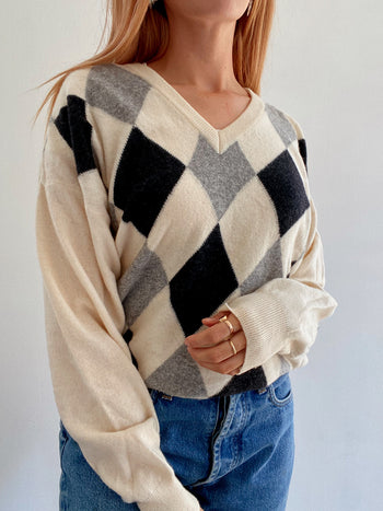 Pull vintage en laine blanc cassé et gris   L