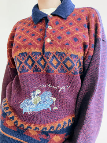 Pull vintage en laine bordeaux brodé sur le devant