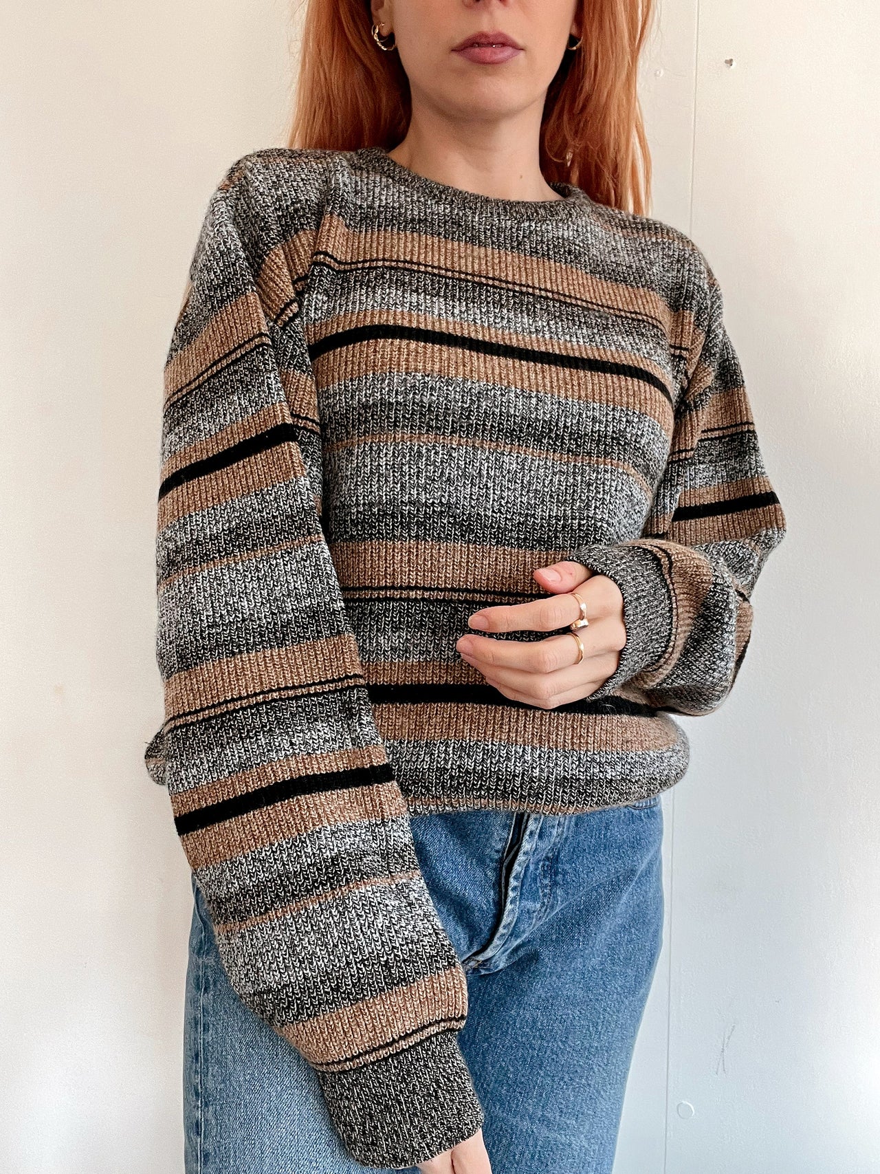 Pull vintage en laine gris et beige L