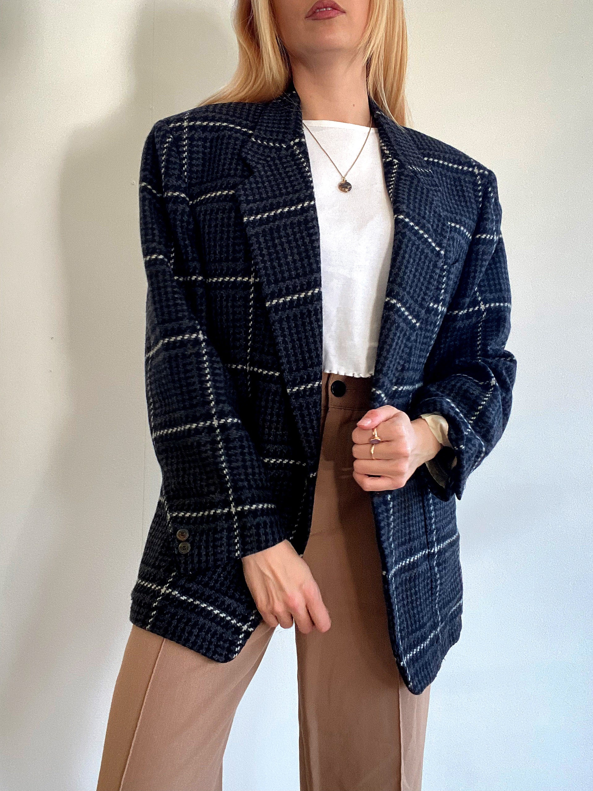 Oversized Black and White Checked Blazer Jacket M/L