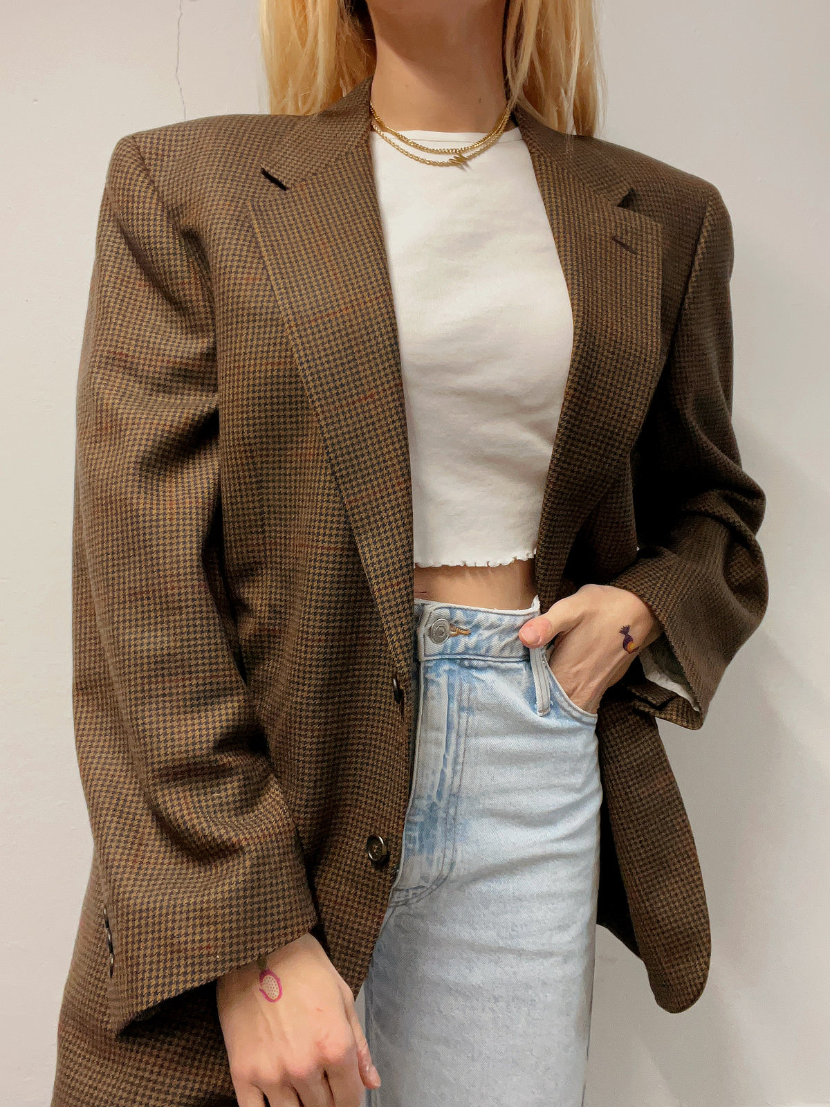 Veste blazer vintage brun et bleu foncé  pied de poule M/L