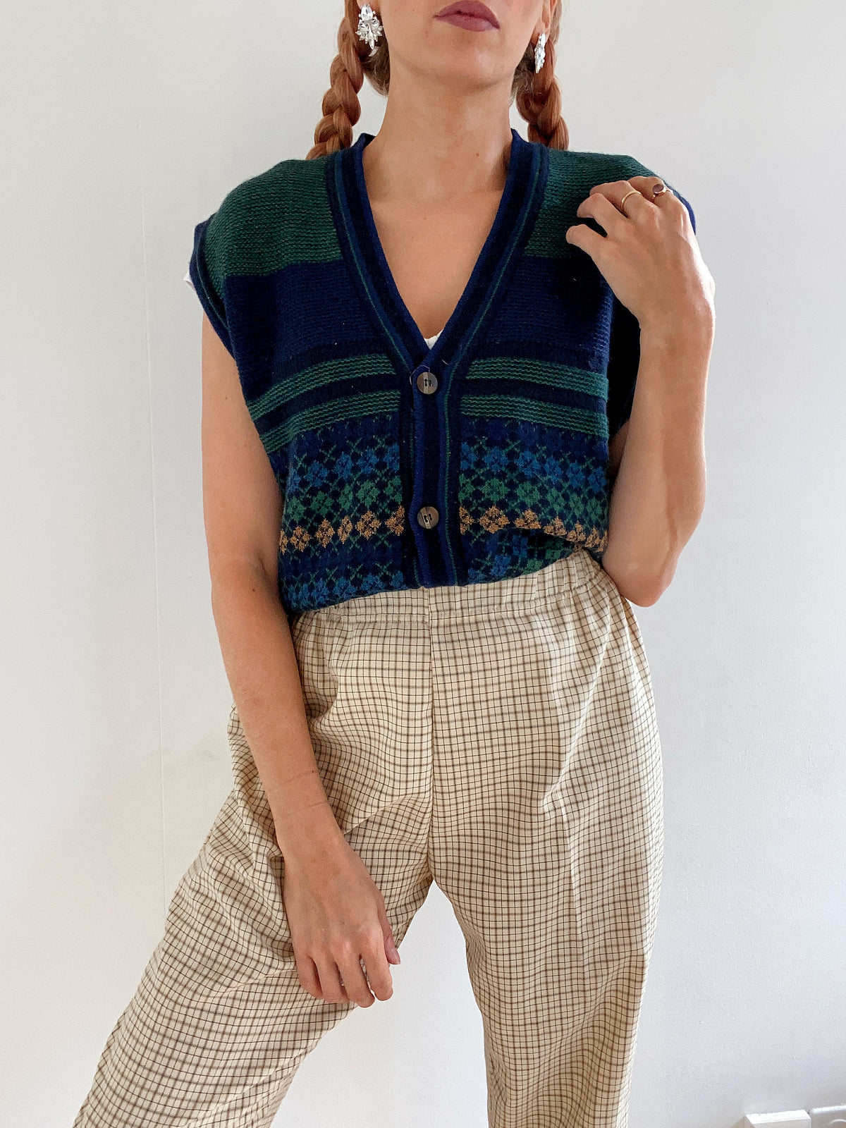Gilet vintage en laine bleu foncé et vert L
