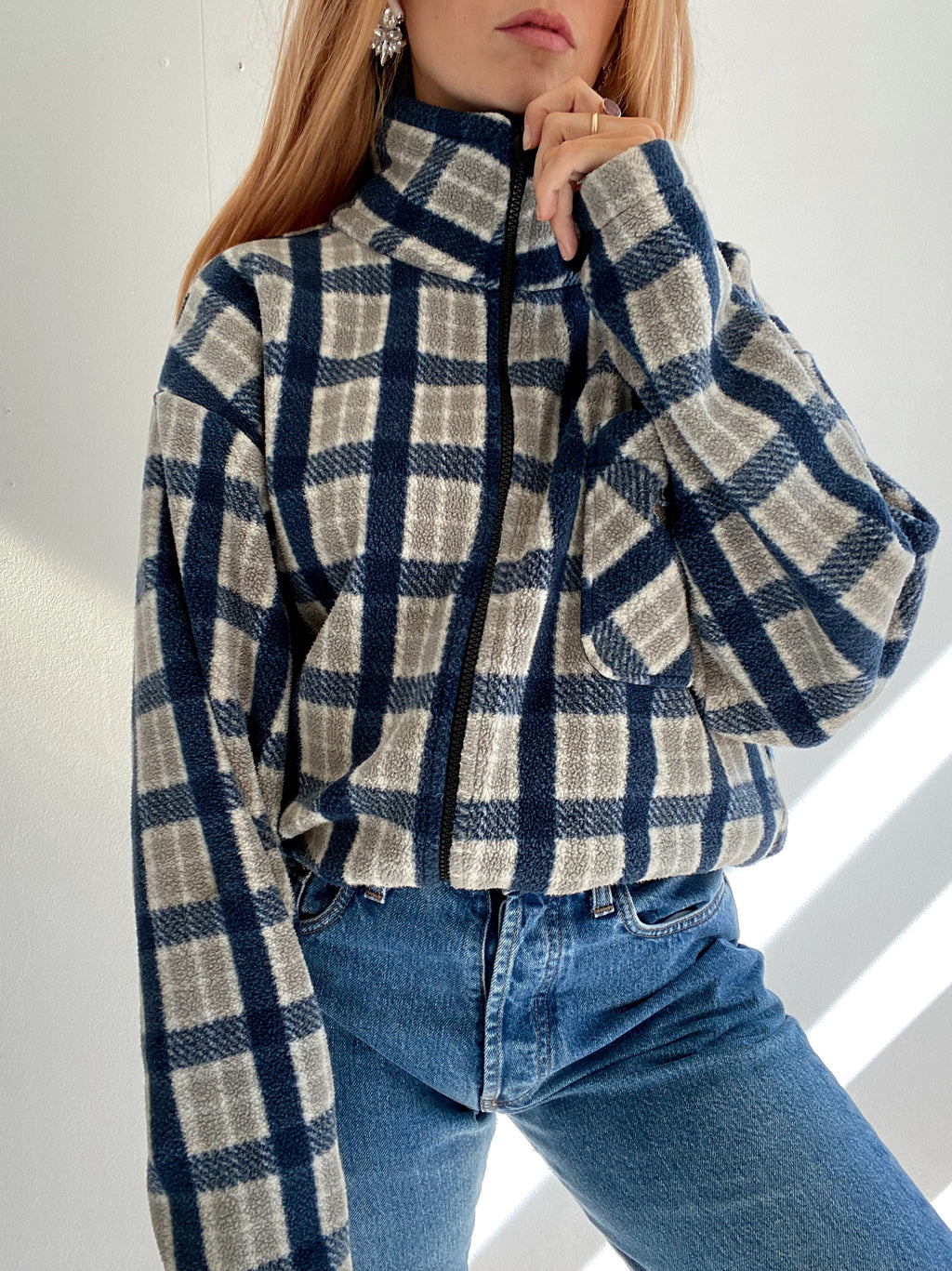 Jacket polaire vintage bleue à carreaux gris  XL