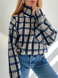 Jacket polaire vintage bleue à carreaux gris  XL