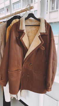 Manteau brun mouton retourné blanc cassé oversized XL