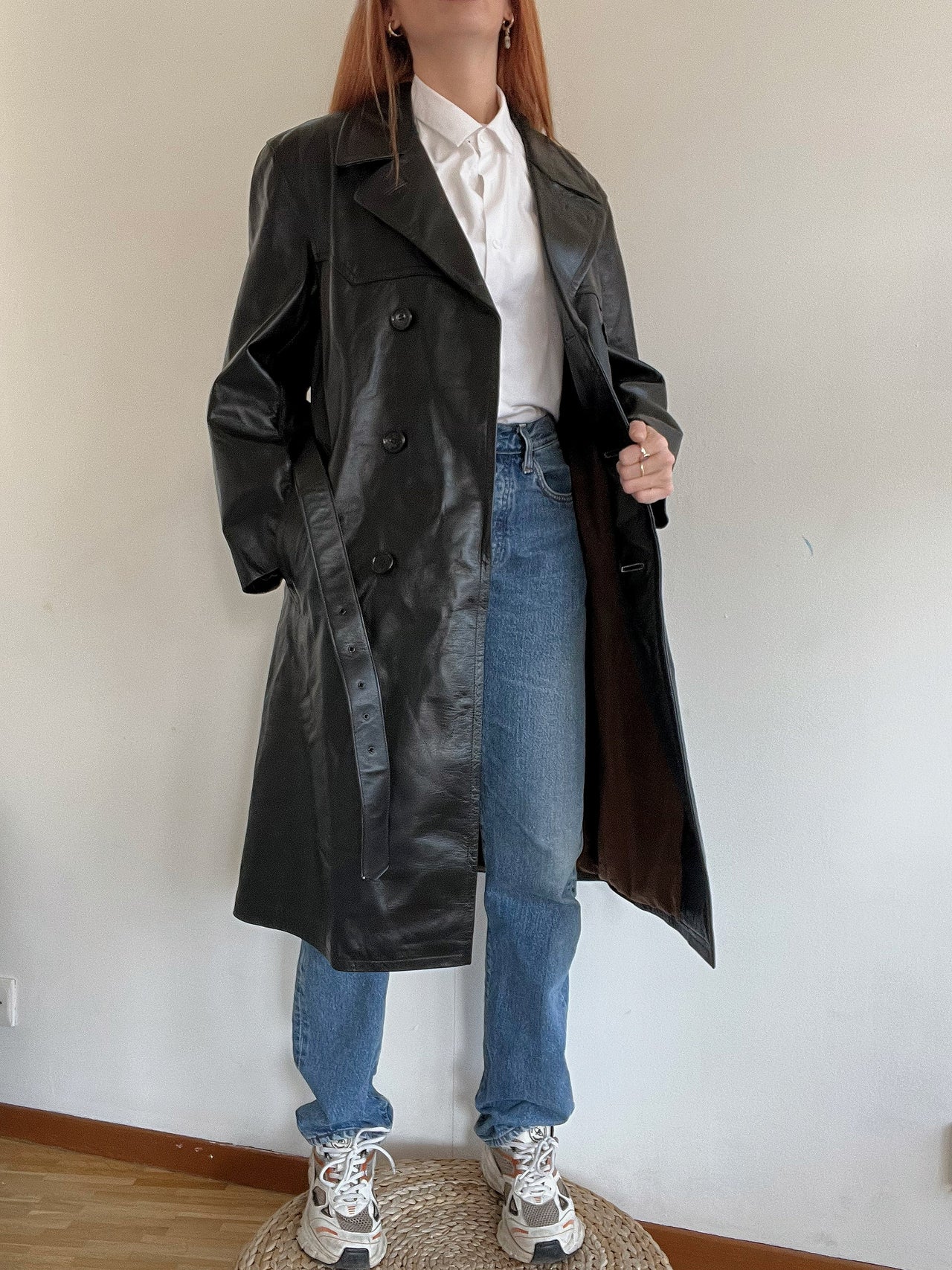 Trench coat noir vintage en cuir M/L