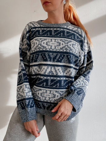 Pull vintage en laine gris bleu S