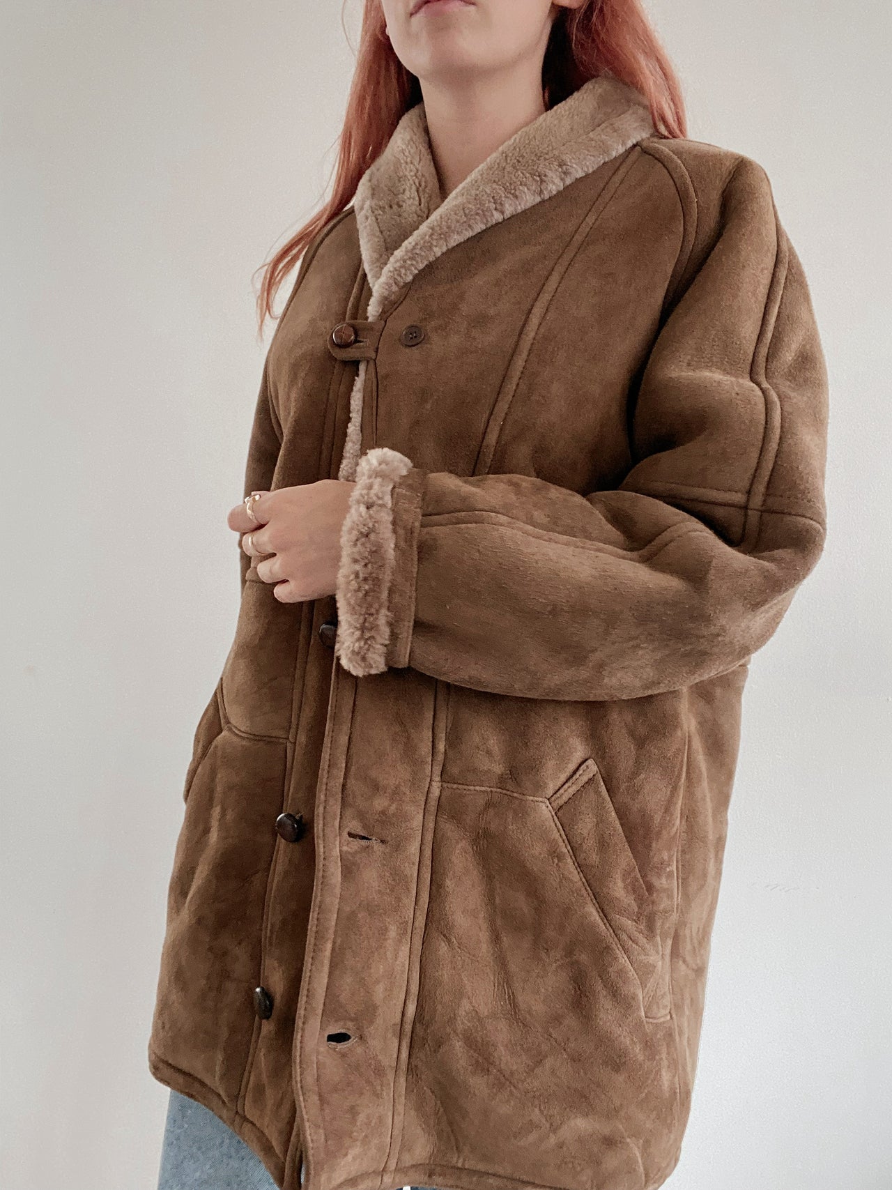 Manteau en mouton retourné brun/taupe extérieur daim L