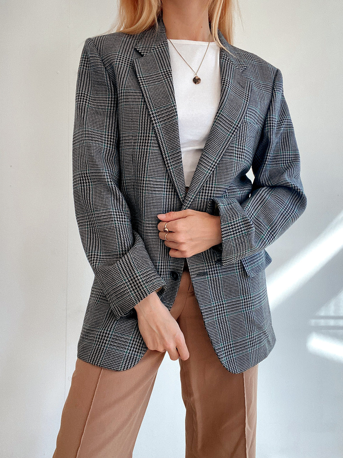 Veste Blazer oversized vintage pied de poule gris, noir et vert