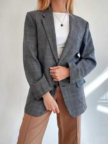 Oversized Black and White Checked Blazer Jacket M/L