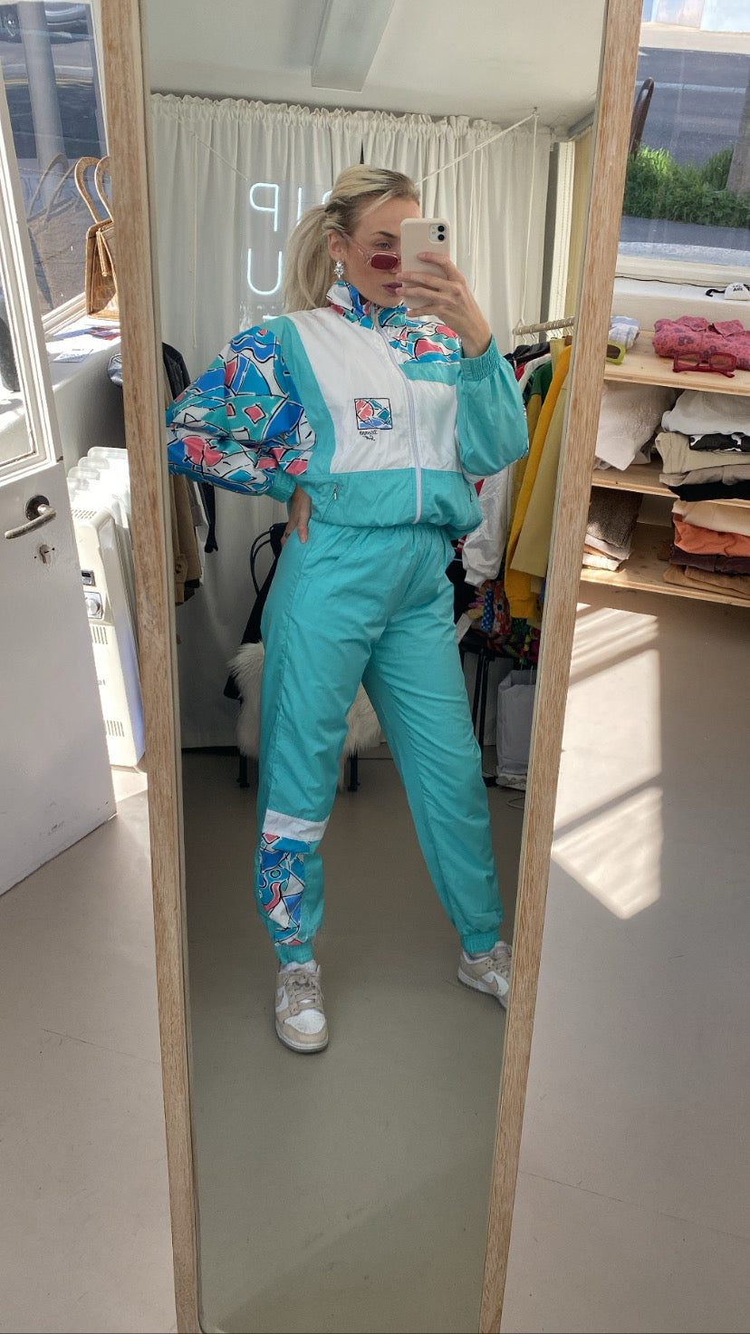 Ensemble de jogging vintage turquoise et blanc S