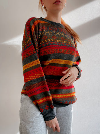 Pull vintage en laine gris et orange