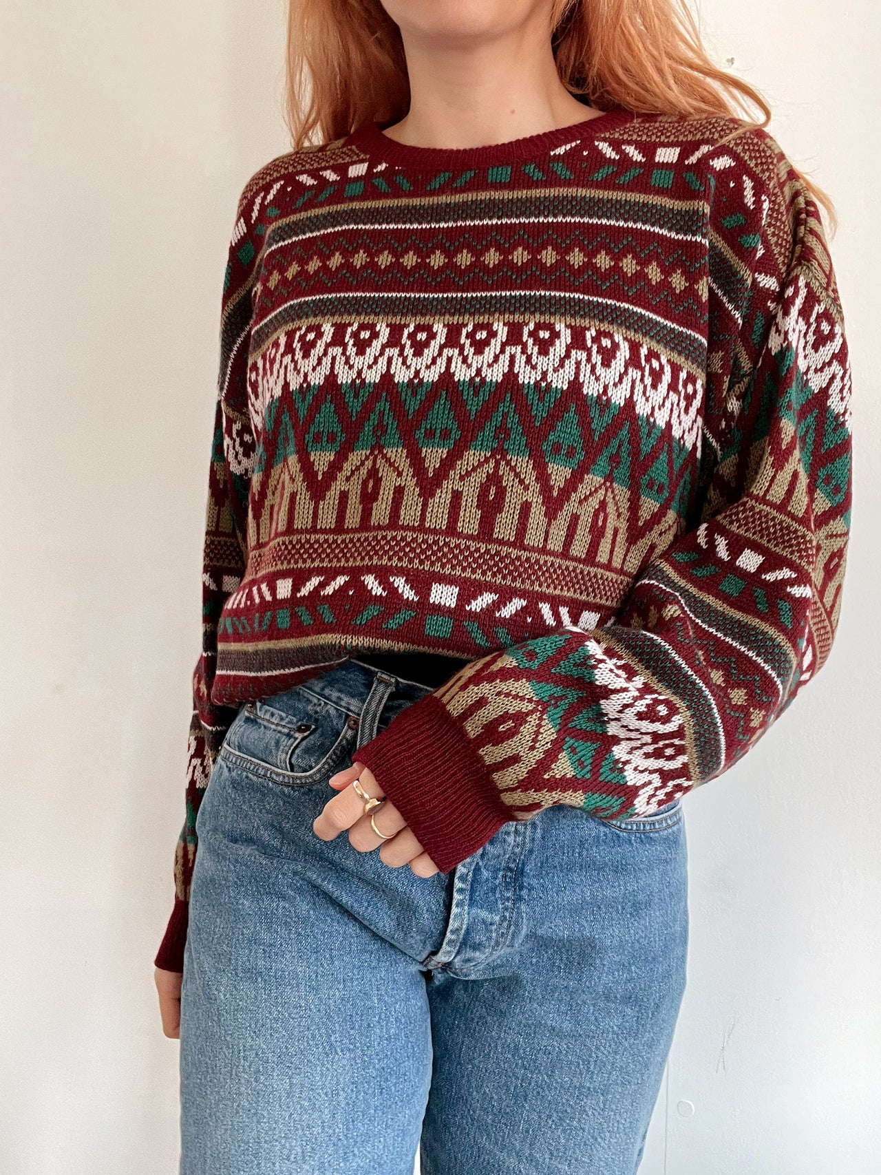 Pull vintage en laine rouge foncé à motifs XL