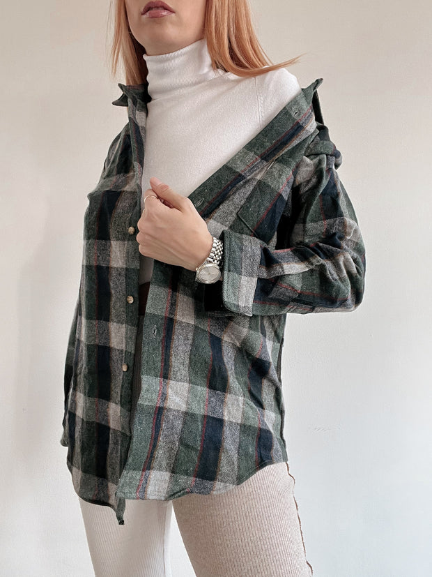 Chemise vintage à carreaux vert/gris/rouge en laine