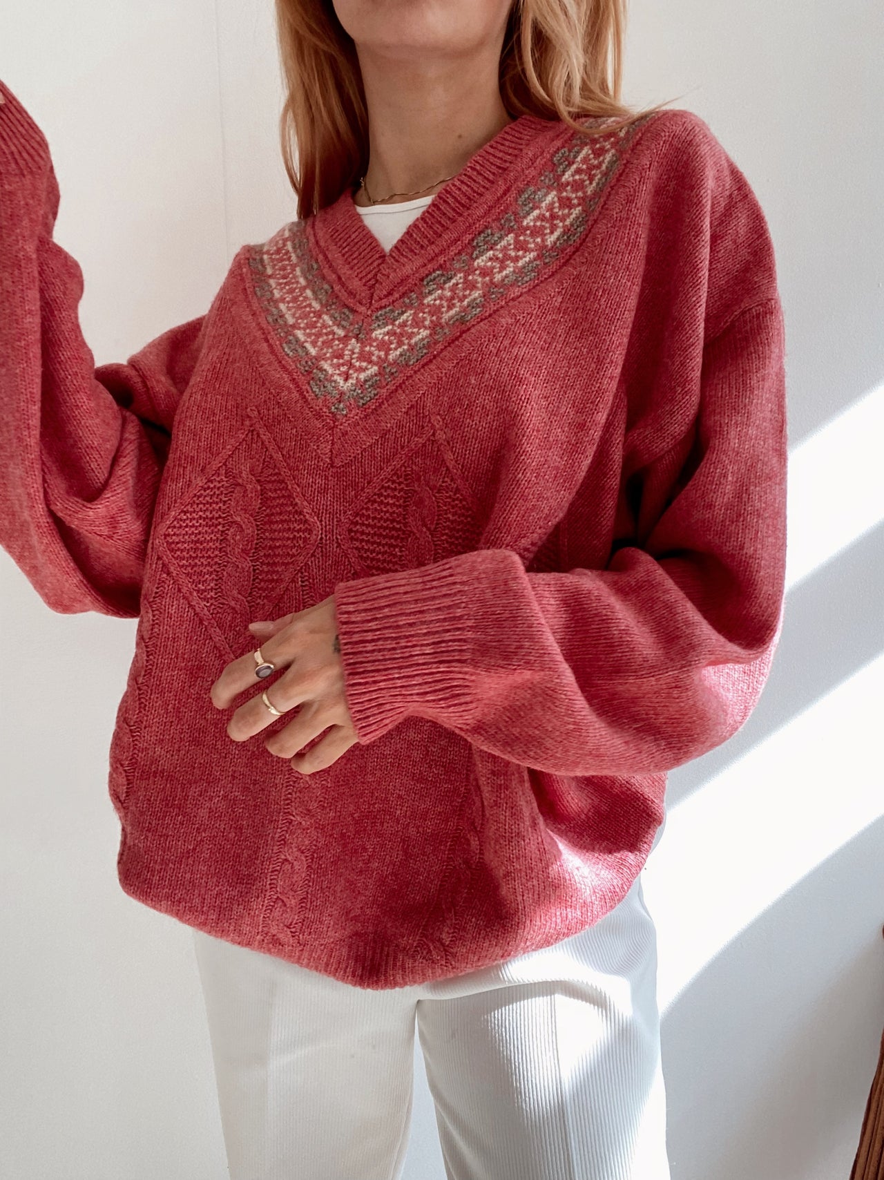 Pull vintage en laine rose L