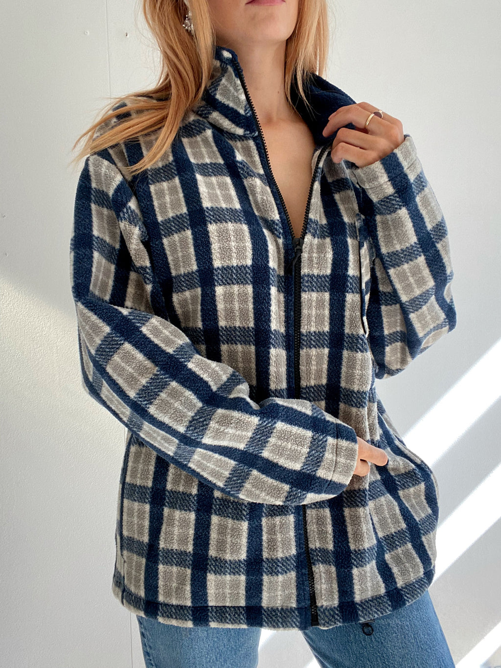 Jacket polaire vintage bleue à carreaux gris  XL