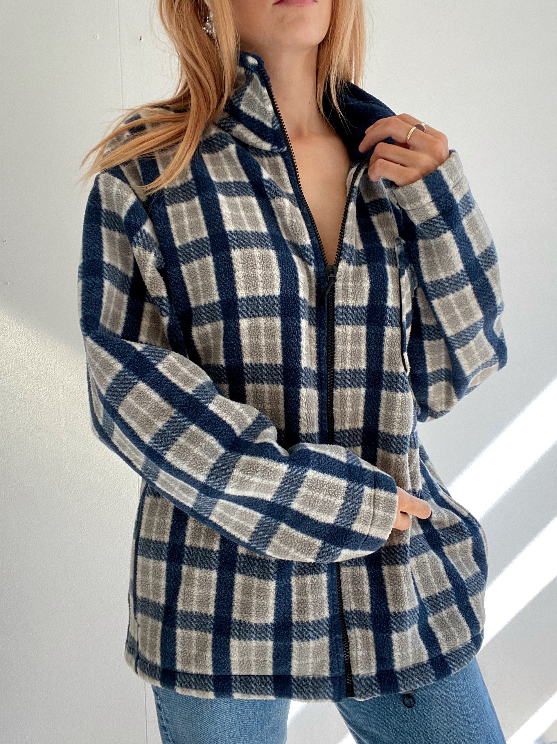 Jacket polaire vintage bleue à carreaux gris  XL