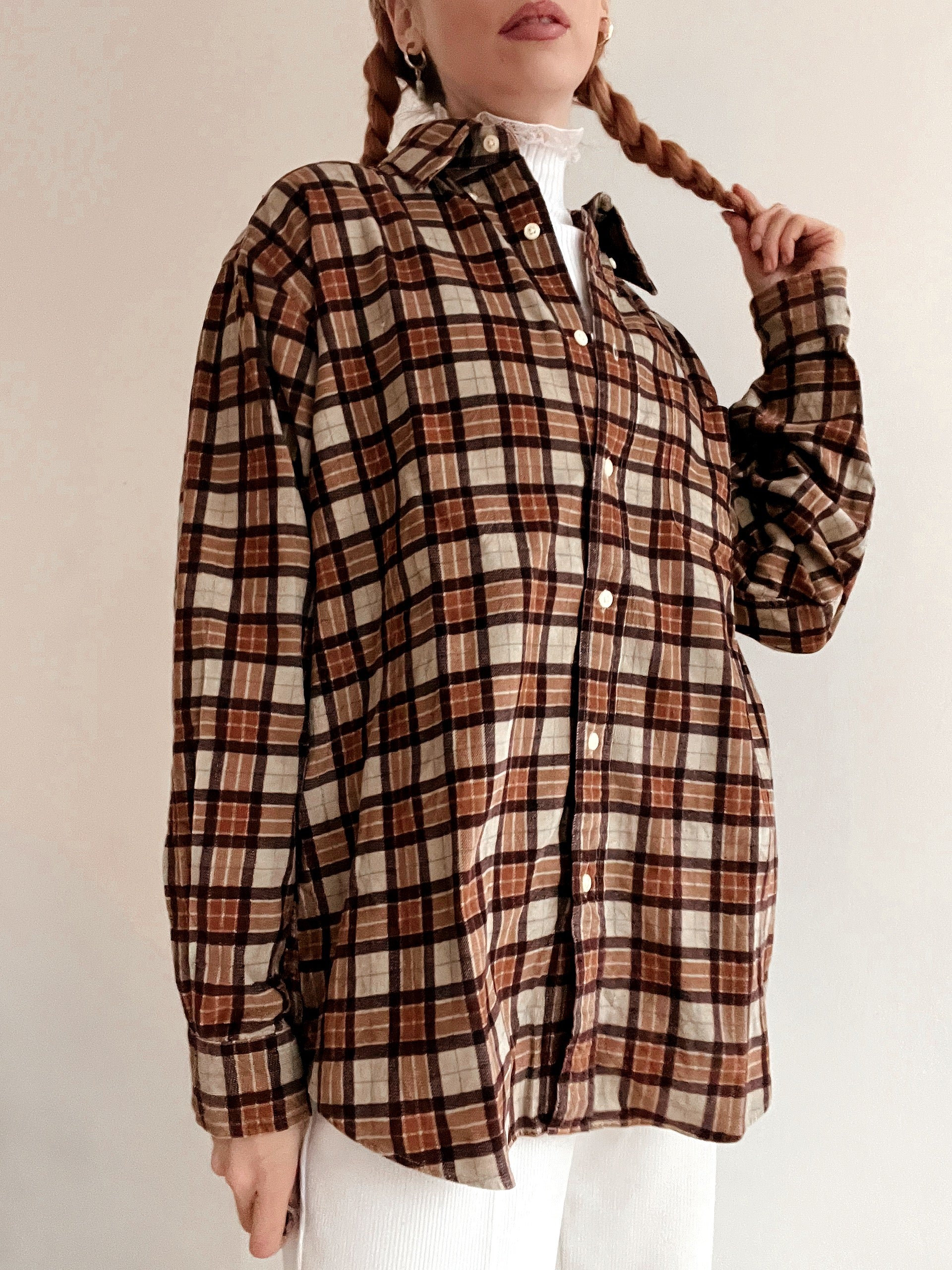 Chemise Vintage 80/90s brune/beige à carreaux en velours côtelé S