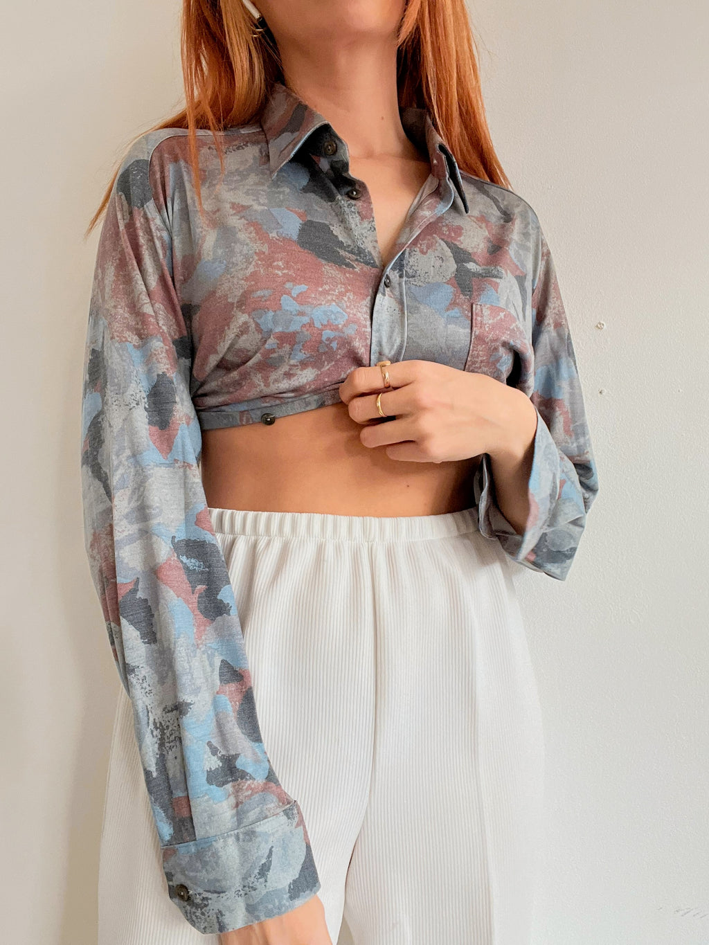 Chemise vintage gris/bleue à motifs S