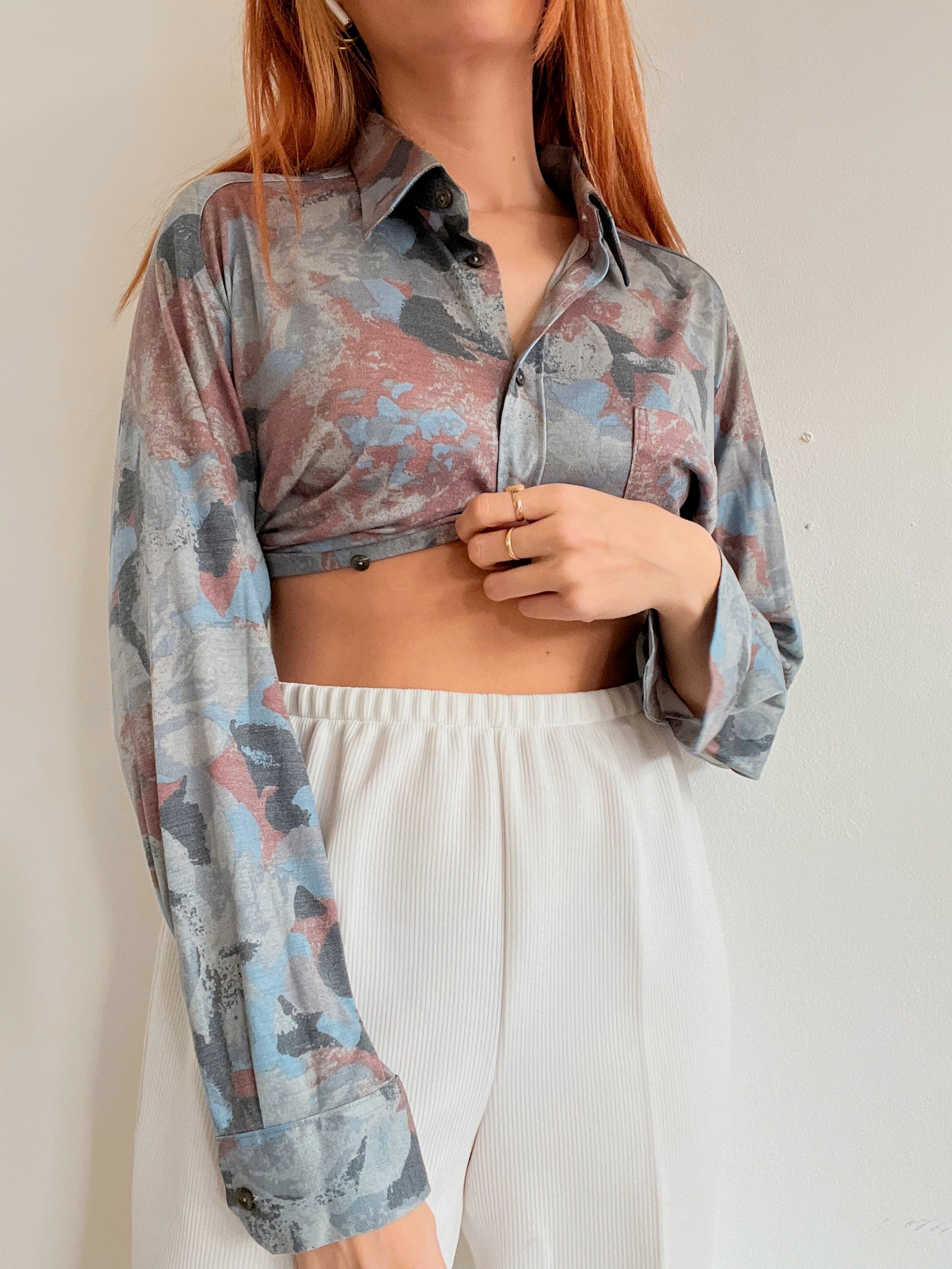 Chemise vintage gris/bleue à motifs S