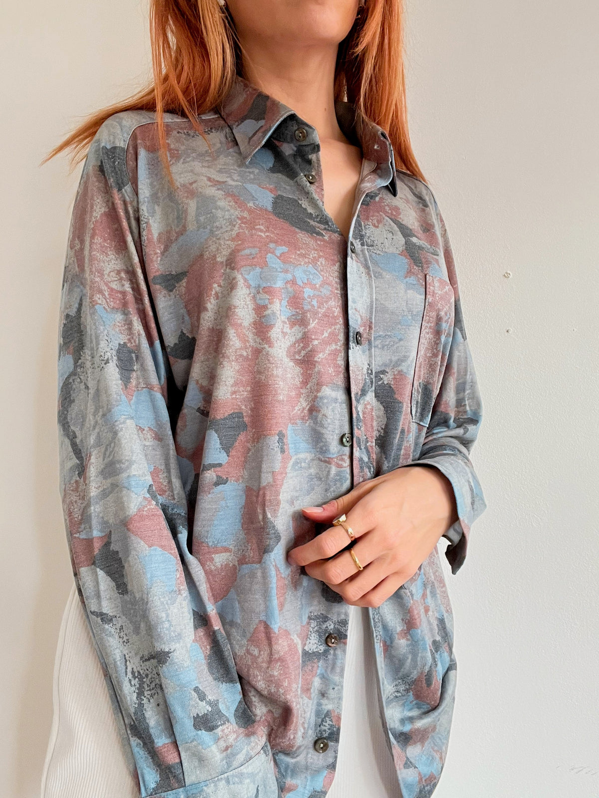 Chemise vintage gris/bleue à motifs S