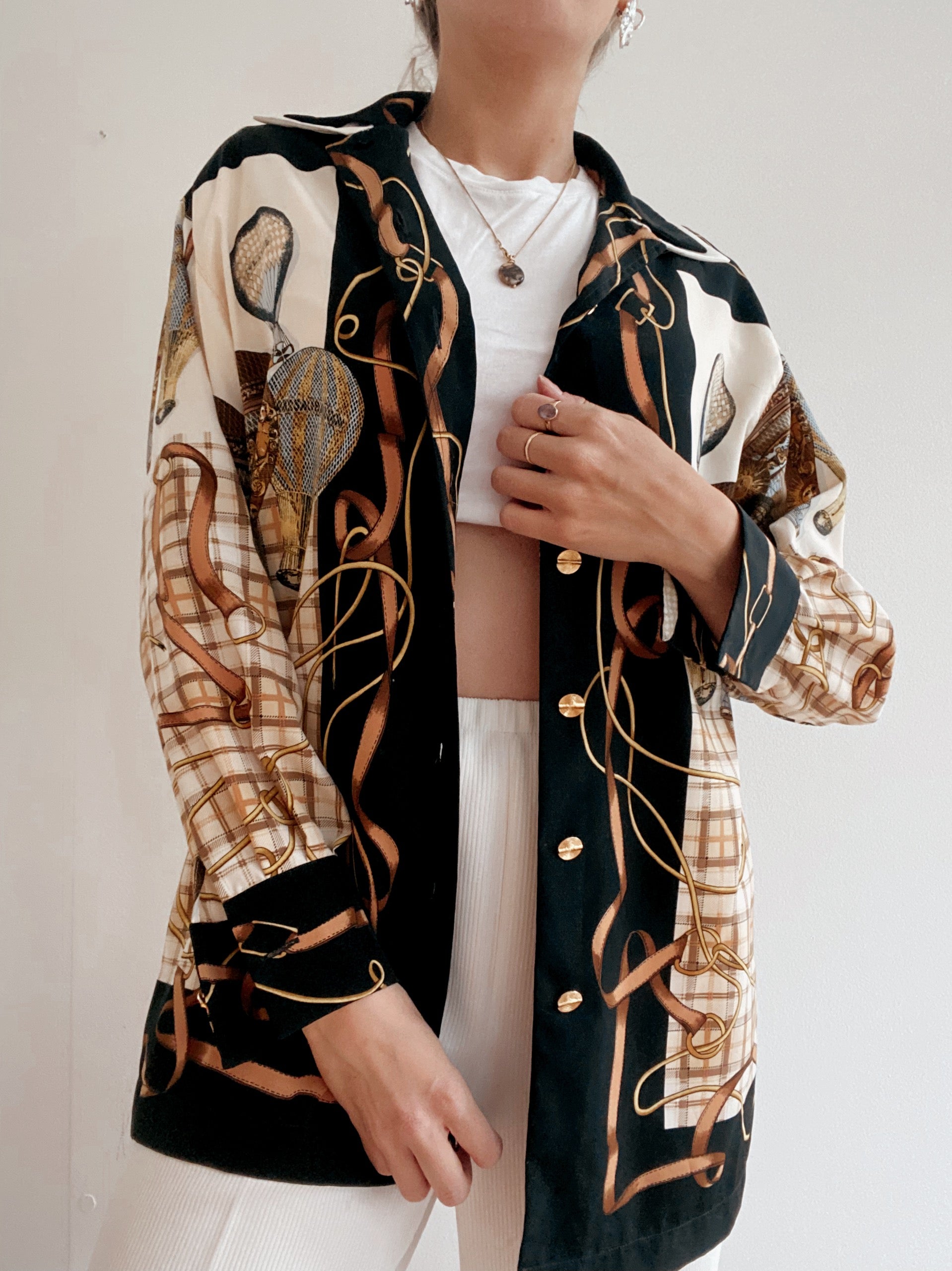 Chemise Vintage 80/90s à motifs montgolfières beiges/noirs