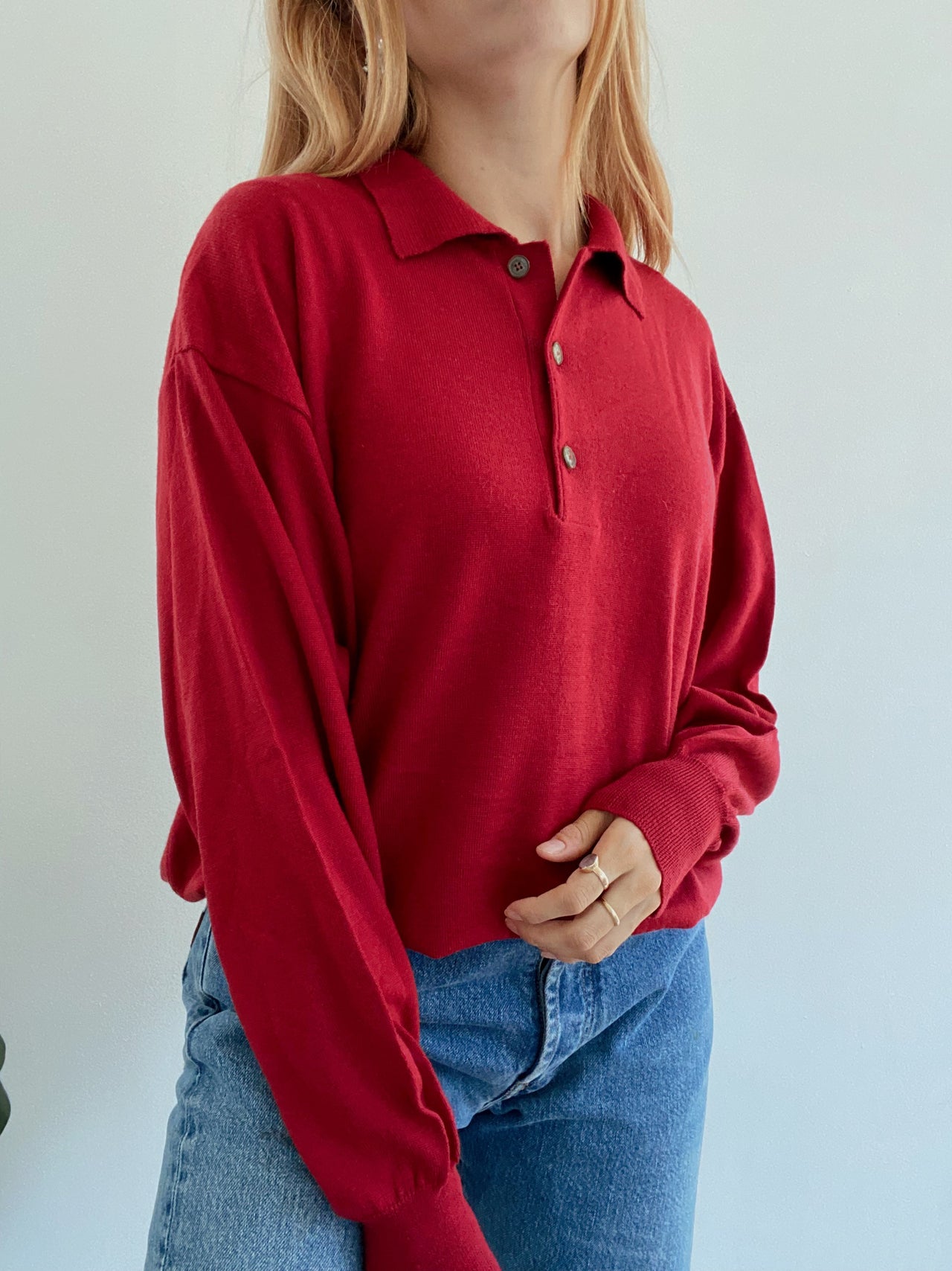 Pull vintage en laine rouge avec boutons L