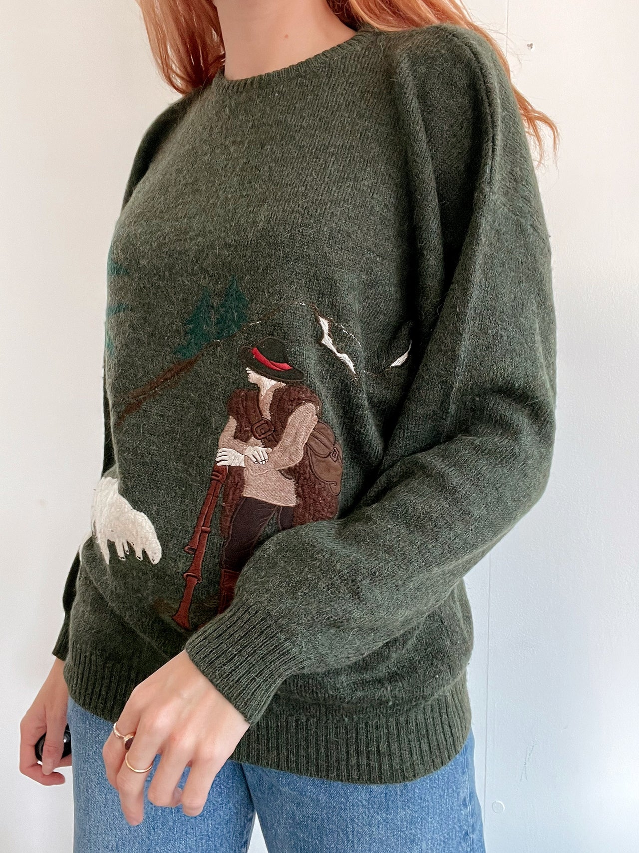 Pull vintage en laine vert khaki Berger brodé