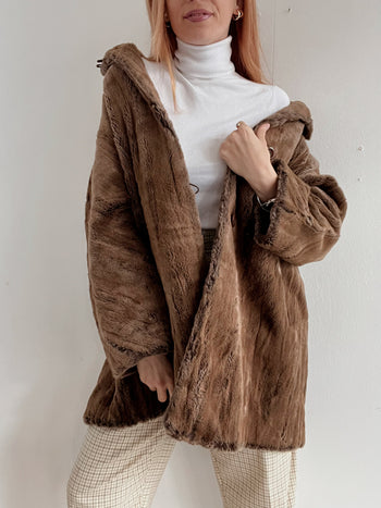 Manteau en fausse fourrure brune / taupe L