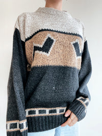 Blue knit turtleneck sweater with beige patterns M