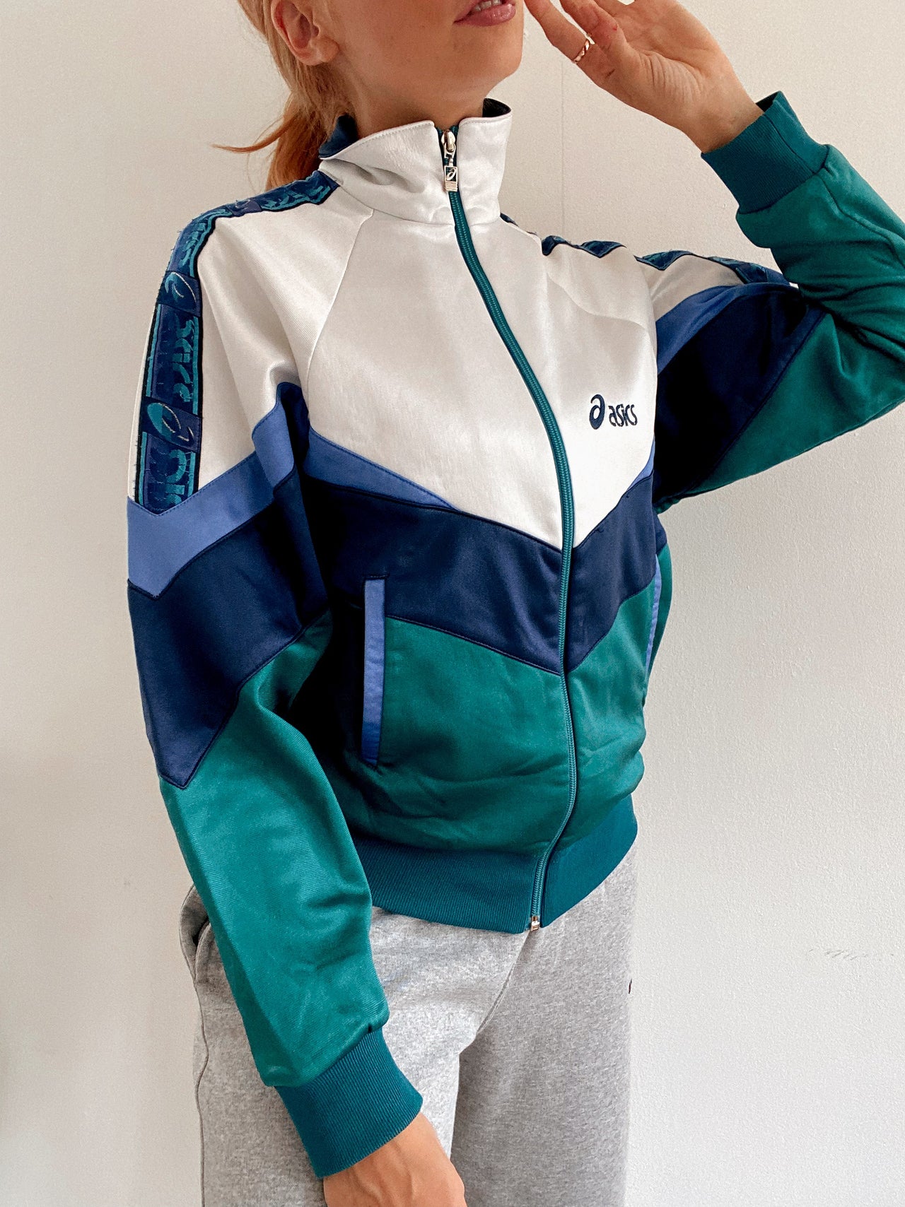 Veste de jogging vintage vert d’eau et bleue ASICS M