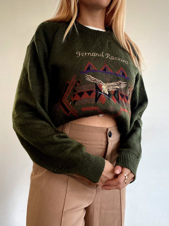 Pull vintage en laine vert khaki