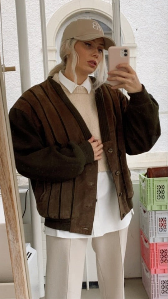 Vest en daim brun et khaki oversized col en V L