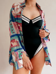 Vintage black and white one piece swimsuit M/L