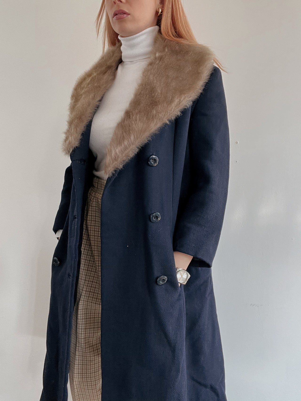 Manteau en laine vintage bleu foncé col fourrure M